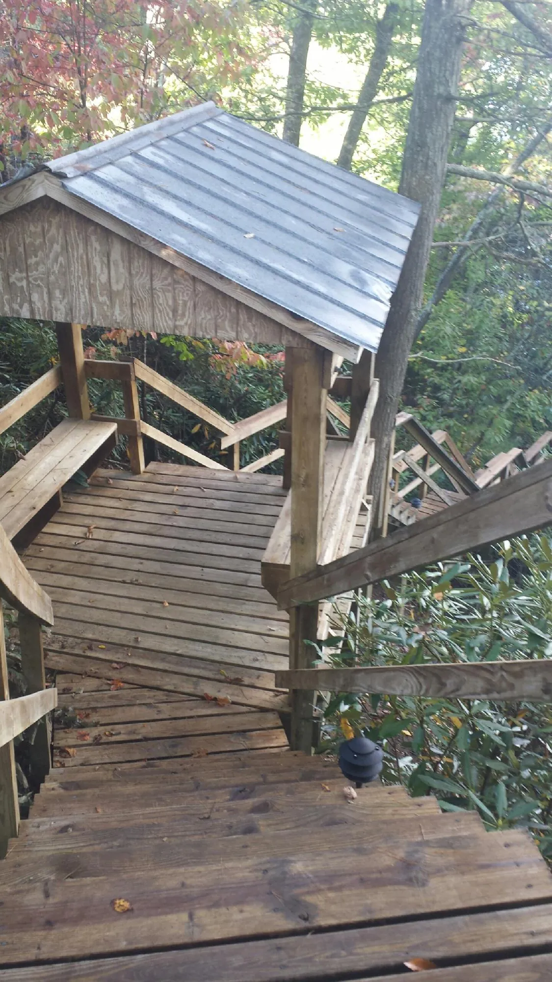Metal roofed shelter over wooden steps on a wooded walkway — Skylight Repair & Installation work by our crew in Waupun